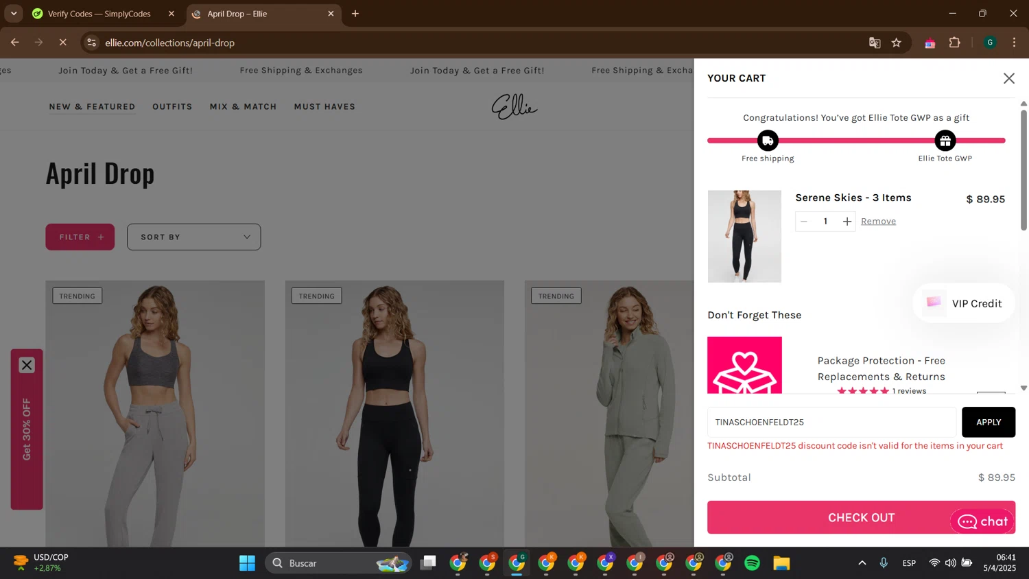 Ellie promo code screenshot showing code TINASCHOENFELDT25 applied at Ellie checkout page. Uploaded by SimplyCodes community member ThriftyTitan786 on Apr 5, 2025