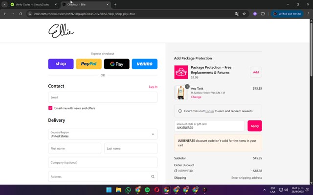 Ellie checkout page showing Ellie promo code box | Screenshot taken by SimplyCodes community member on Aug 29, 2025