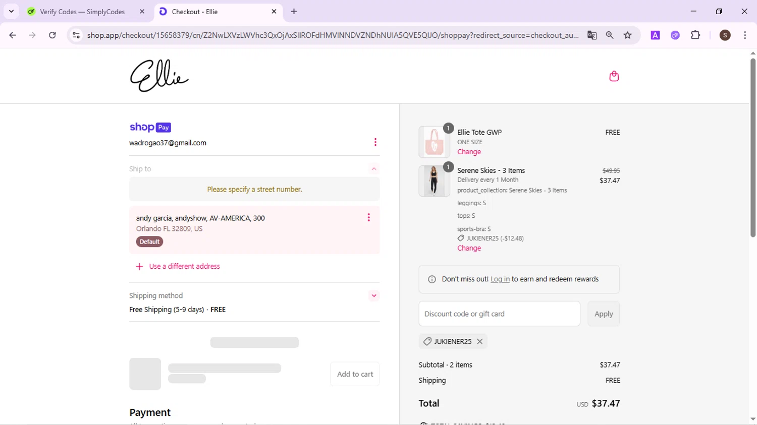 Ellie promo code screenshot showing code JUKIENER25 applied at Ellie checkout page. Uploaded by SimplyCodes community member QuestPhoenix2794 on Jun 26, 2025