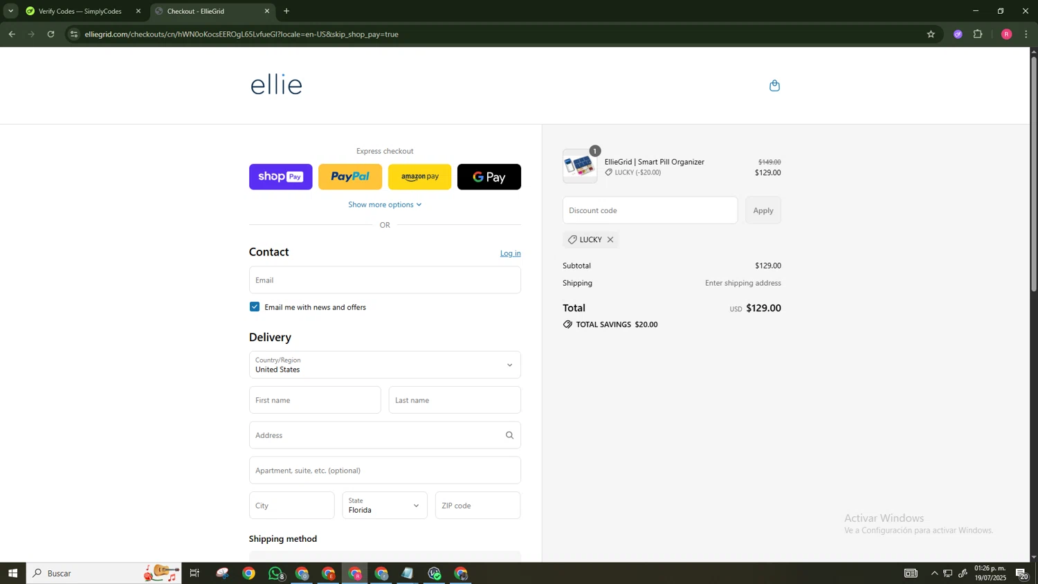 EllieGrid discount code screenshot showing code lucky applied at EllieGrid checkout page. Uploaded by SimplyCodes community member NobleExpert518 on Jul 19, 2025