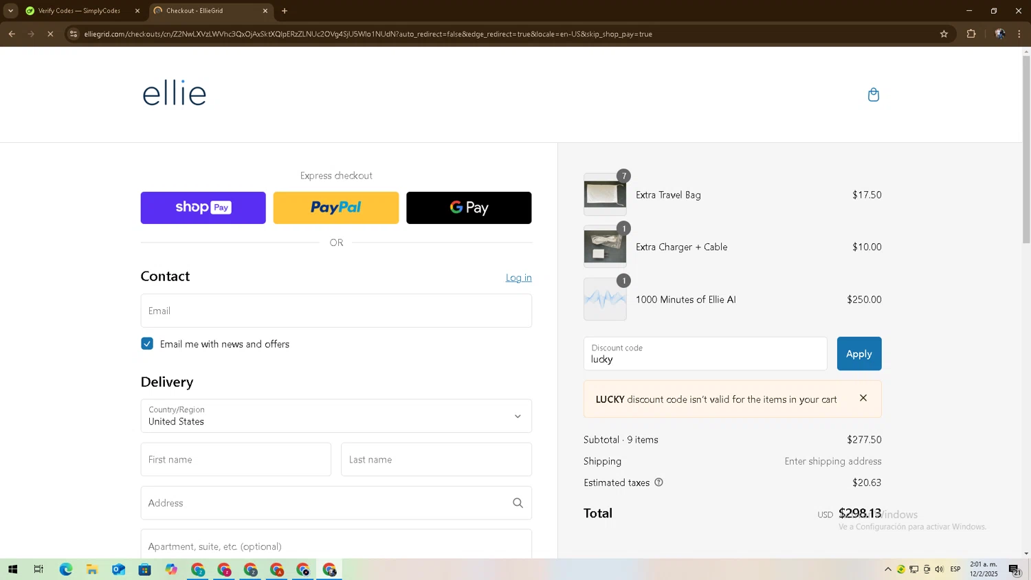 EllieGrid discount code screenshot showing code lucky applied at EllieGrid checkout page. Uploaded by SimplyCodes community member zadquiel on Feb 12, 2025