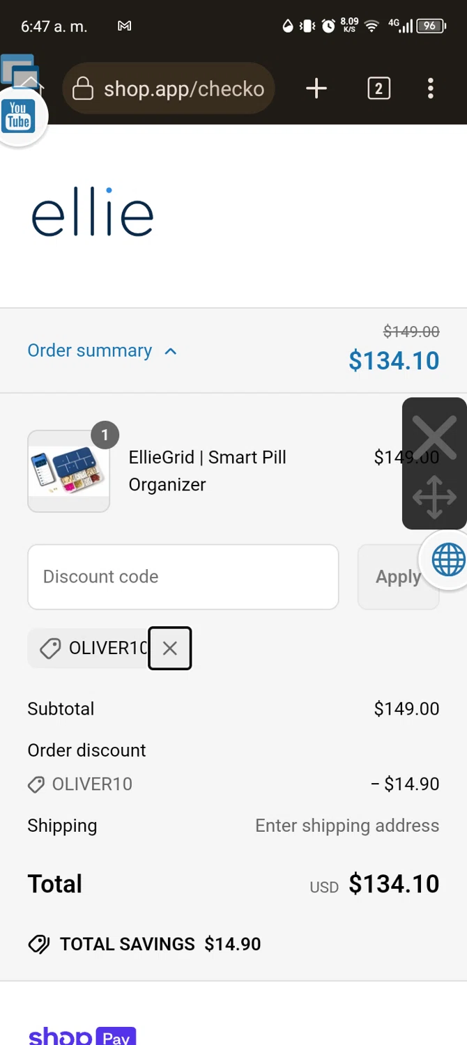 EllieGrid discount code screenshot showing code Oliver10 applied at EllieGrid checkout page. Uploaded by SimplyCodes community member Usuario_simply on Mar 23, 2025