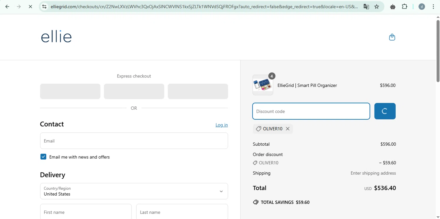 EllieGrid discount code screenshot showing code Oliver10 applied at EllieGrid checkout page. Uploaded by SimplyCodes community member DiscountSentinel4830 on Apr 21, 2025