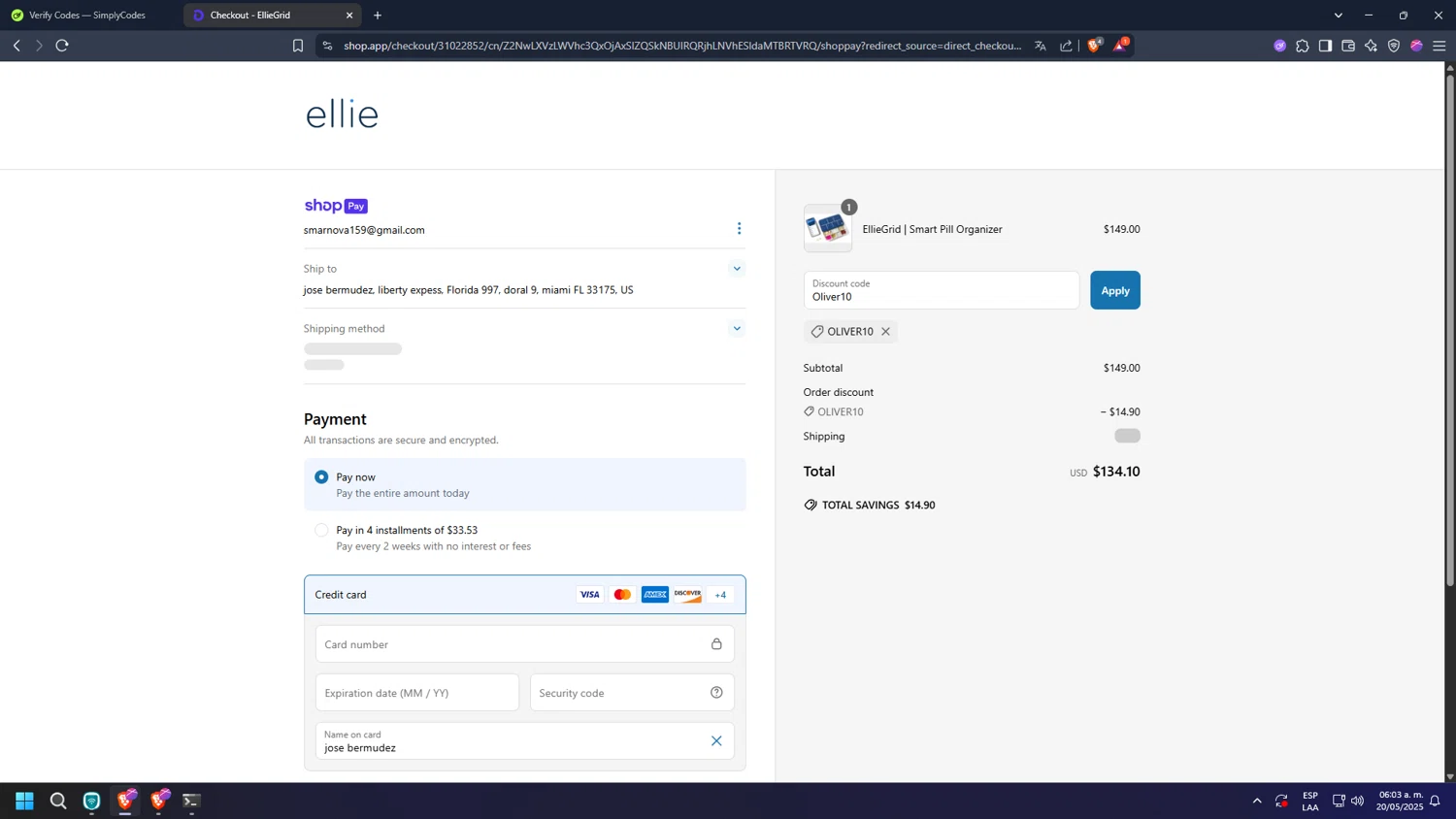 EllieGrid discount code screenshot showing code Oliver10 applied at EllieGrid checkout page. Uploaded by SimplyCodes community member diosgreed2030 on May 20, 2025