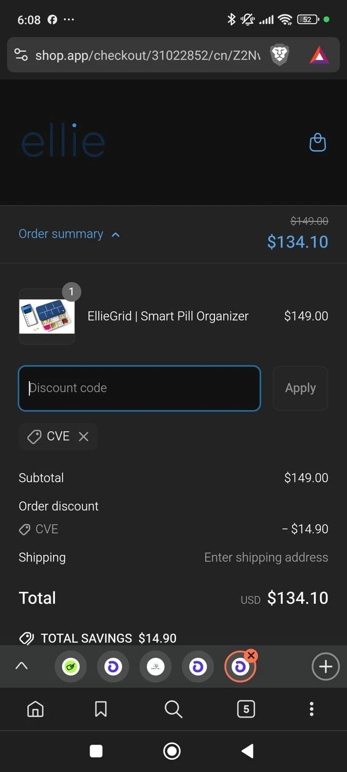 EllieGrid discount code screenshot showing code CVE applied at EllieGrid checkout page. Uploaded by SimplyCodes community member Mirian on Apr 21, 2025