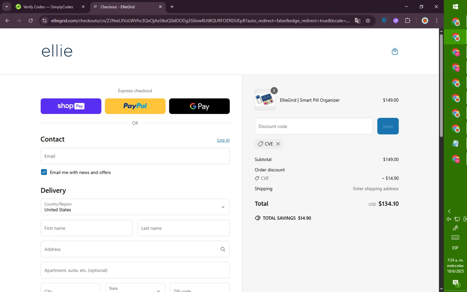 EllieGrid discount code screenshot showing code CVE applied at EllieGrid checkout page. Uploaded by SimplyCodes community member PromoVoyager8446 on Jun 18, 2025