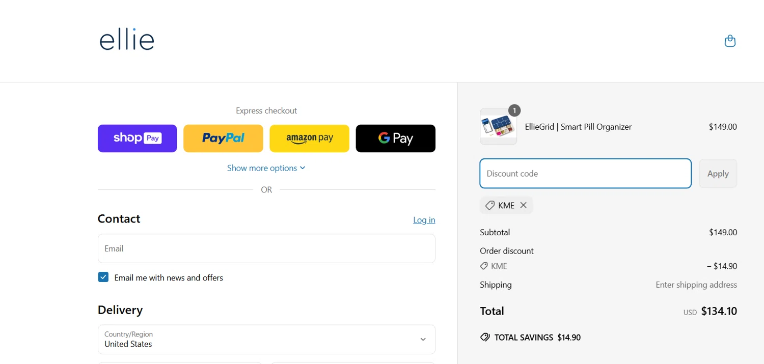 EllieGrid discount code screenshot showing code KME applied at EllieGrid checkout page. Uploaded by SimplyCodes community member NinjaShoyo on Apr 21, 2025