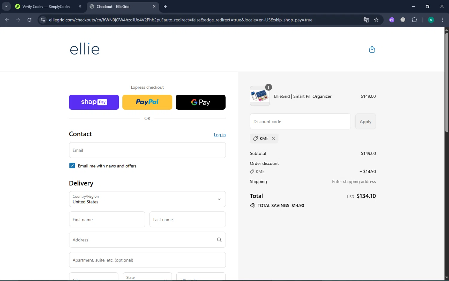 EllieGrid discount code screenshot showing code KME applied at EllieGrid checkout page. Uploaded by SimplyCodes community member PennyLegend4898 on Jul 17, 2025