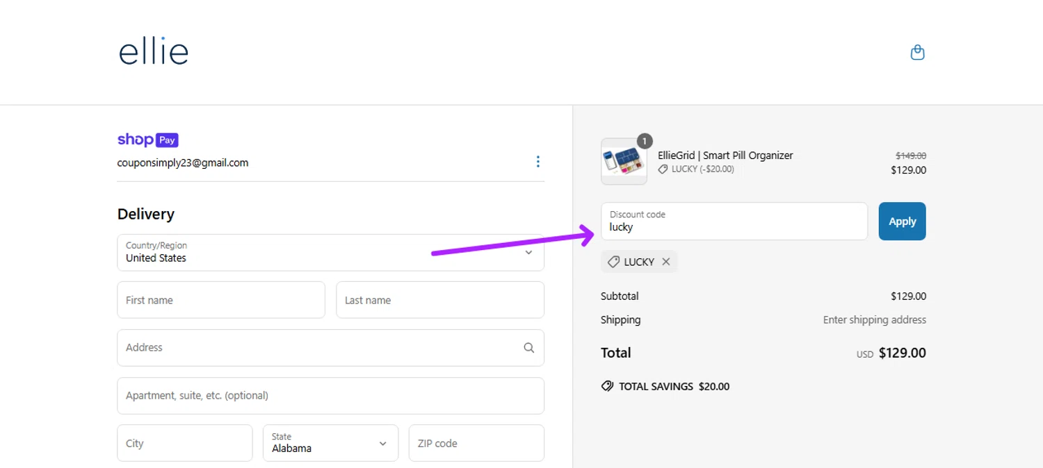 EllieGrid discount code screenshot showing code lucky applied at EllieGrid checkout page. Uploaded by SimplyCodes community member Myrulesmagazine23 on May 22, 2025