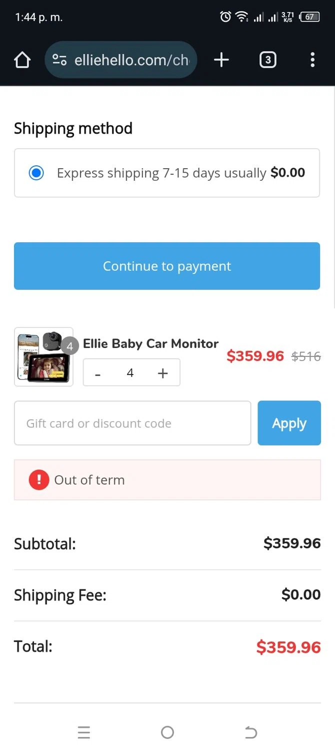 Ellie Baby Monitor promo code screenshot showing code Anne10 applied at Ellie Baby Monitor checkout page. Uploaded by SimplyCodes community member MightyBoss5795 on Dec 15, 2025
