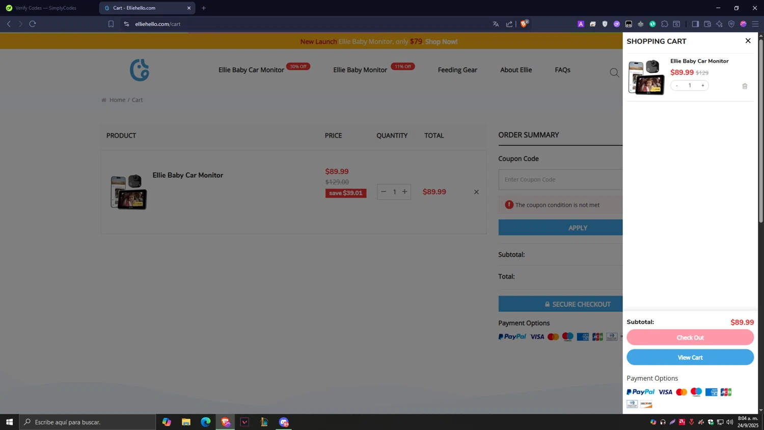 Ellie Baby Monitor promo code screenshot showing code Lauren10 applied at Ellie Baby Monitor checkout page. Uploaded by SimplyCodes community member Tragedy on Sep 24, 2025