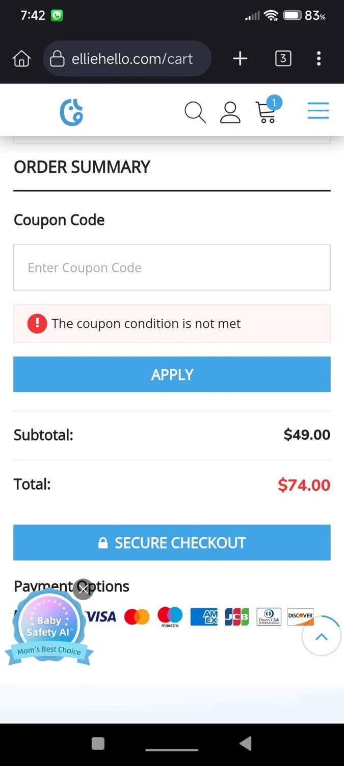 Ellie Baby Monitor promo code screenshot showing code Lauren10 applied at Ellie Baby Monitor checkout page. Uploaded by SimplyCodes community member cuenta03 on Sep 24, 2025