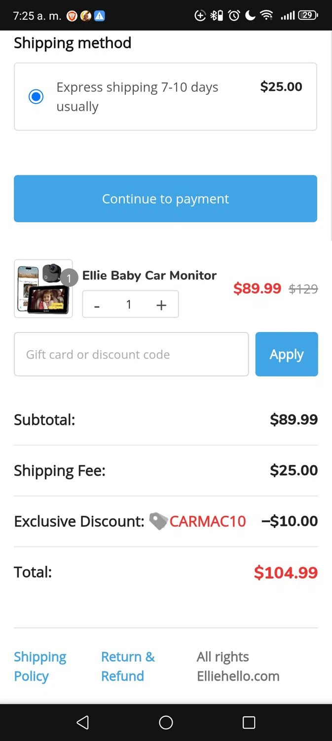 Ellie Baby Monitor promo code screenshot showing code CARMAC10 applied at Ellie Baby Monitor checkout page. Uploaded by SimplyCodes community member Minatonamekaze on Nov 6, 2025