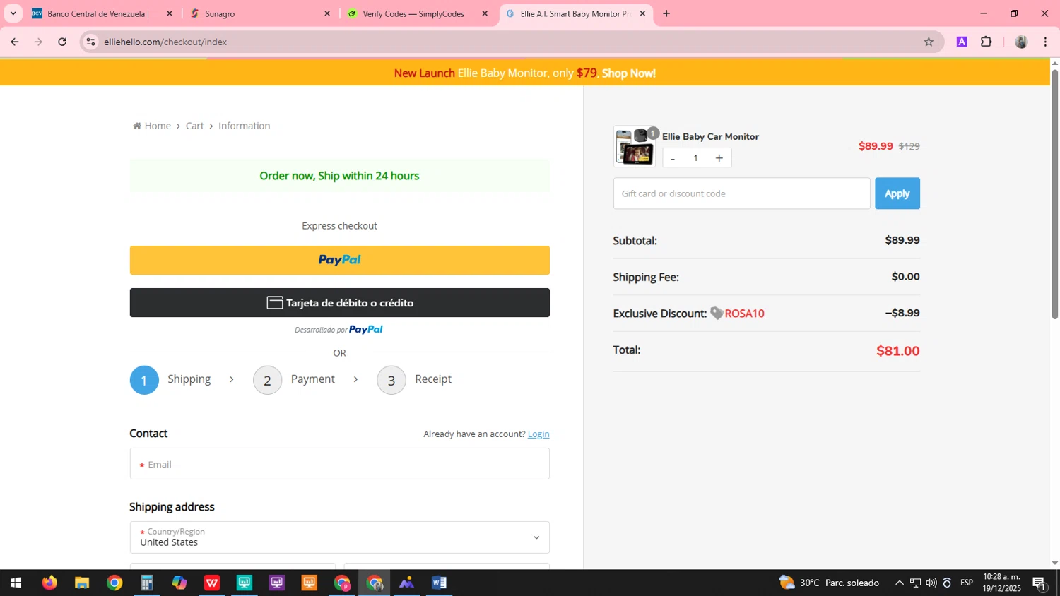 Ellie Baby Monitor promo code screenshot showing code ROSA10 applied at Ellie Baby Monitor checkout page. Uploaded by SimplyCodes community member SARAI13 on Dec 19, 2025