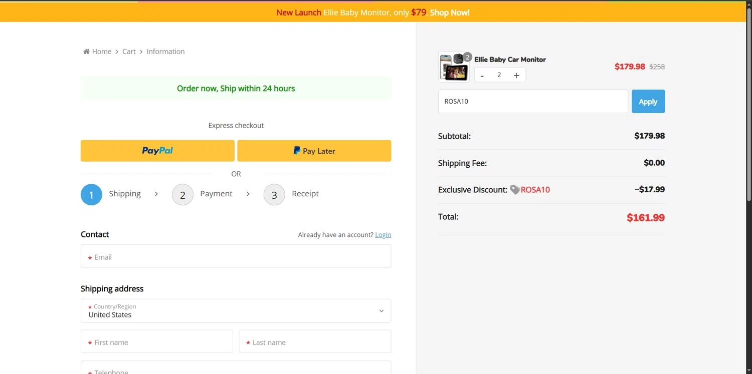 Ellie Baby Monitor promo code screenshot showing code ROSA10 applied at Ellie Baby Monitor checkout page. Uploaded by SimplyCodes community member Depressive on Oct 2, 2025