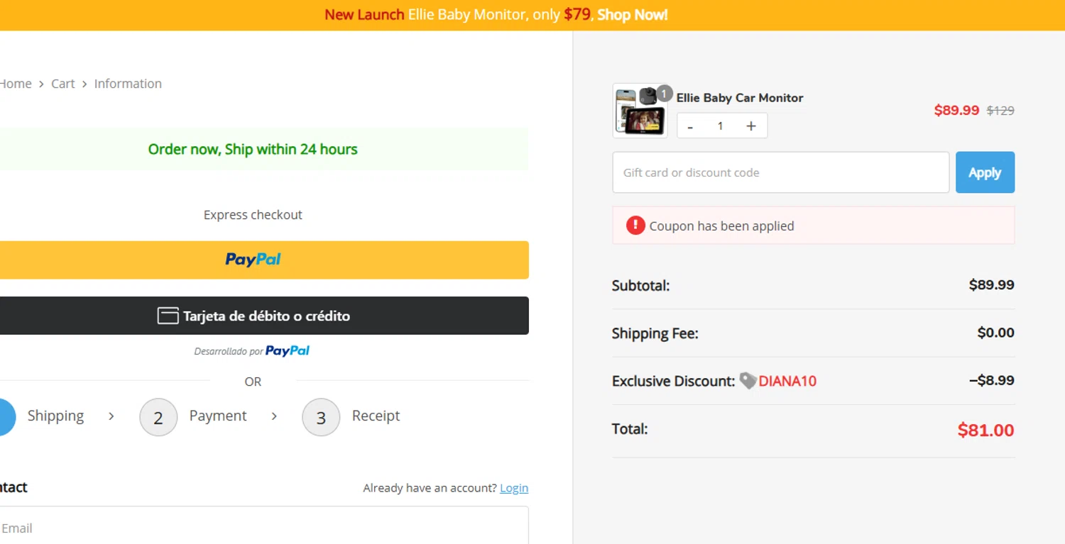 Ellie Baby Monitor promo code screenshot showing code DIANA10 applied at Ellie Baby Monitor checkout page. Uploaded by SimplyCodes community member yeresojperez on Dec 15, 2025