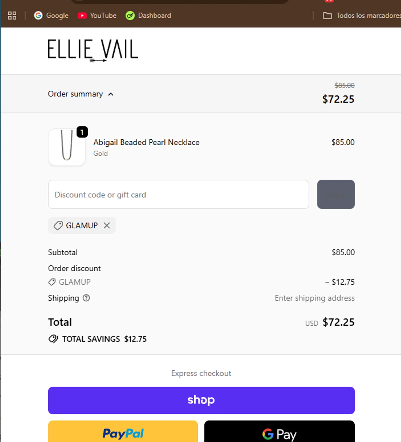 Ellie Vail Jewelry discount code screenshot showing code GLAMUP applied at Ellie Vail Jewelry checkout page. Uploaded by SimplyCodes community member QueTeImporta on Oct 2, 2025