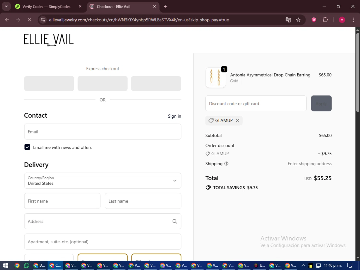 Ellie Vail Jewelry discount code screenshot showing code GLAMUP applied at Ellie Vail Jewelry checkout page. Uploaded by SimplyCodes community member ShieldEagle6102 on Sep 24, 2025