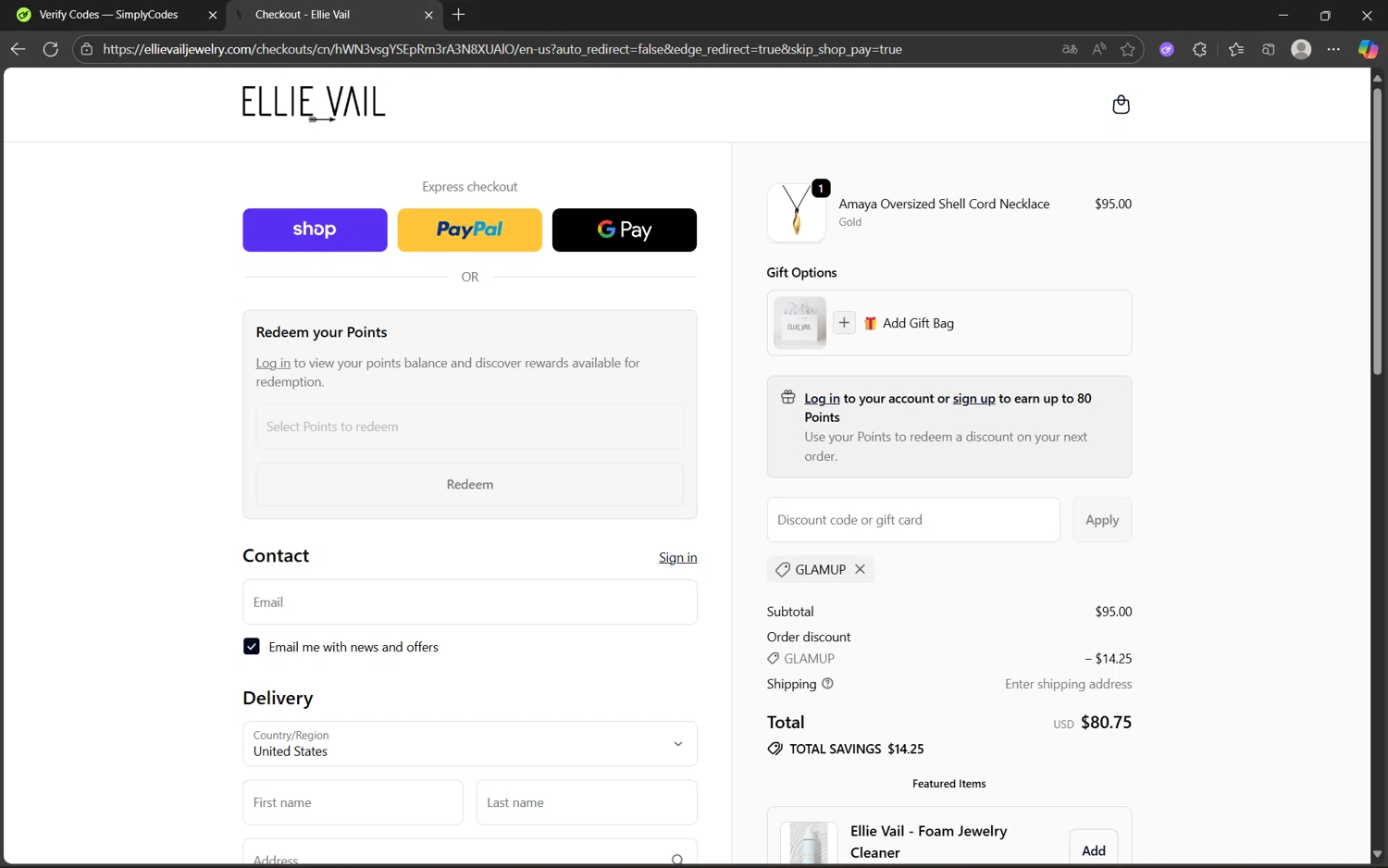 Ellie Vail Jewelry discount code screenshot showing code GLAMUP applied at Ellie Vail Jewelry checkout page. Uploaded by SimplyCodes community member juanx1702 on Oct 9, 2025