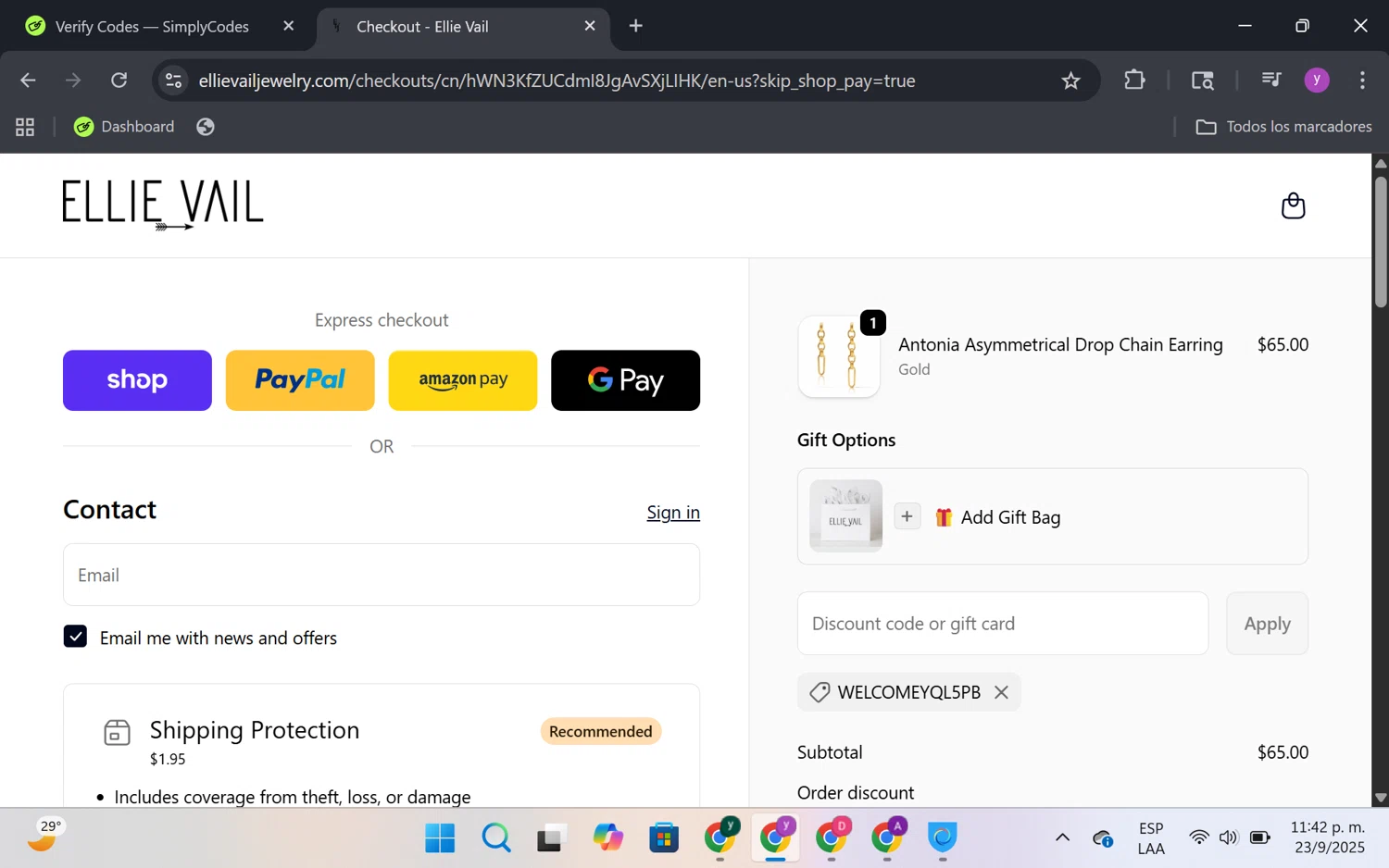 Ellie Vail Jewelry discount code screenshot showing code welcomeyqL5pb applied at Ellie Vail Jewelry checkout page. Uploaded by SimplyCodes community member FrugalKnight6753 on Sep 24, 2025