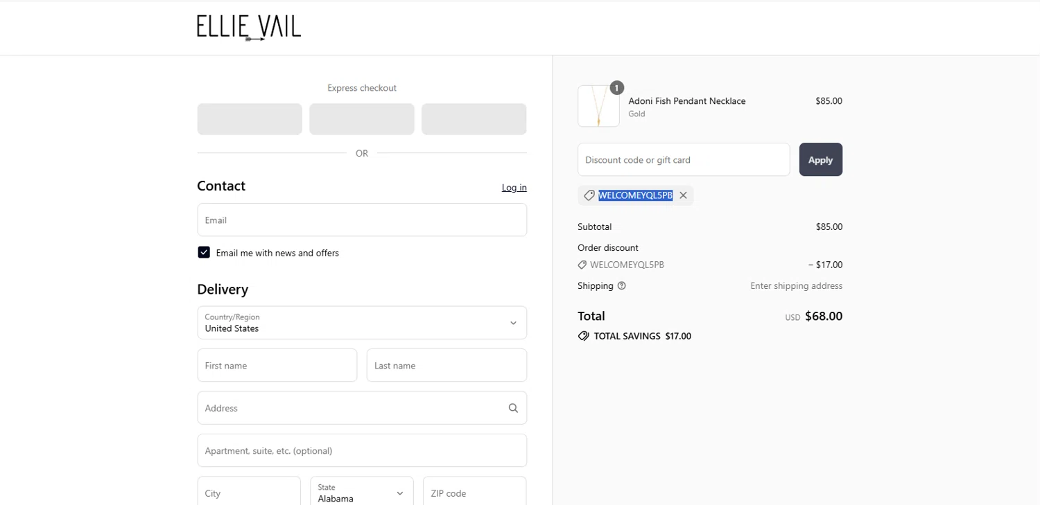 Ellie Vail Jewelry discount code screenshot showing code welcomeyqL5pb applied at Ellie Vail Jewelry checkout page. Uploaded by SimplyCodes community member MagnifiHero3476 on Jul 9, 2025