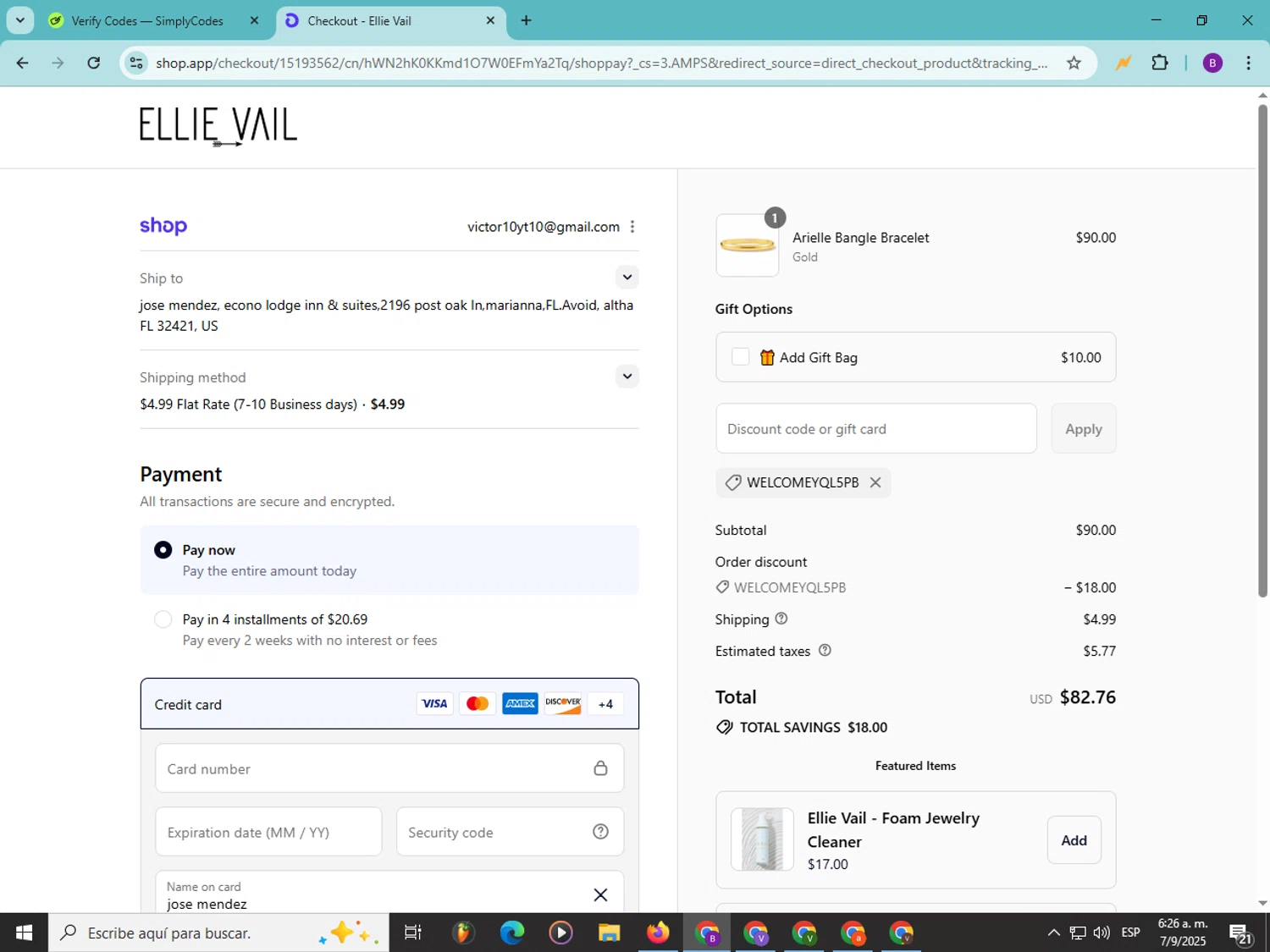 Ellie Vail Jewelry discount code screenshot showing code welcomeyqL5pb applied at Ellie Vail Jewelry checkout page. Uploaded by SimplyCodes community member Soyvictor on Sep 7, 2025