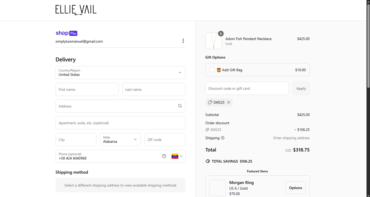 Ellie Vail Jewelry discount code screenshot showing code sms25 applied at Ellie Vail Jewelry checkout page. Uploaded by SimplyCodes community member CouponHero3179 on Jun 24, 2025