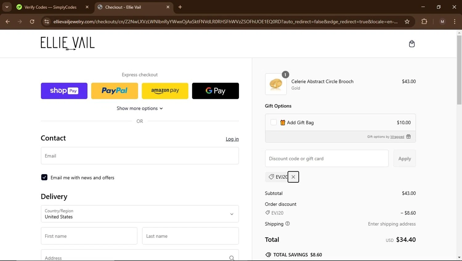 Ellie Vail Jewelry discount code screenshot showing code EVJ20 applied at Ellie Vail Jewelry checkout page. Uploaded by SimplyCodes community member Carrillojose on Feb 6, 2025