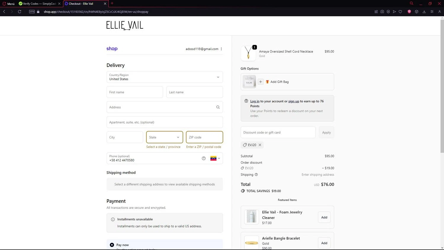 Ellie Vail Jewelry discount code screenshot showing code EVJ20 applied at Ellie Vail Jewelry checkout page. Uploaded by SimplyCodes community member LegendarySeeker3956 on Oct 17, 2025