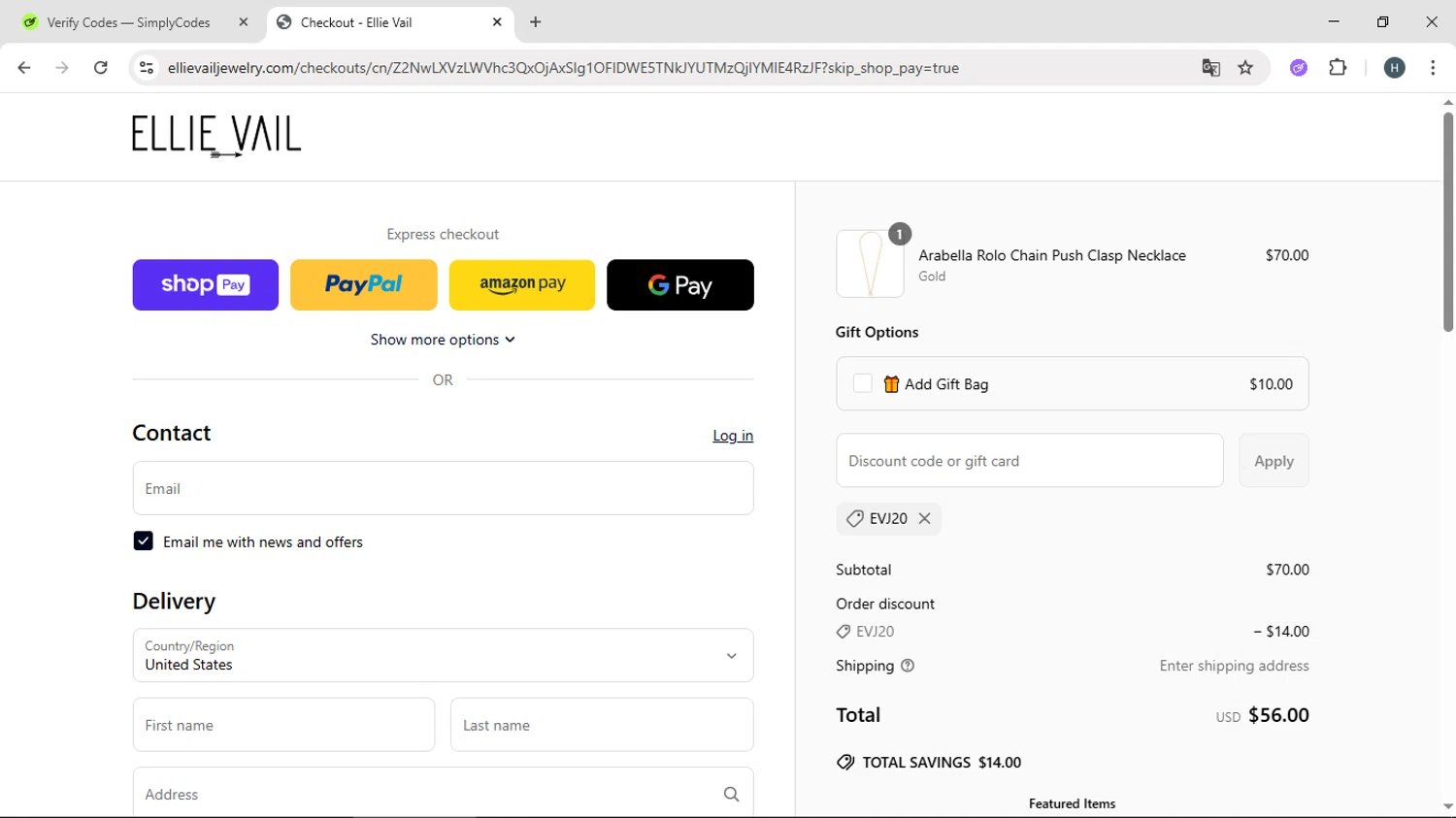 Ellie Vail Jewelry discount code screenshot showing code EVJ20 applied at Ellie Vail Jewelry checkout page. Uploaded by SimplyCodes community member YAMAHA on Jun 7, 2025
