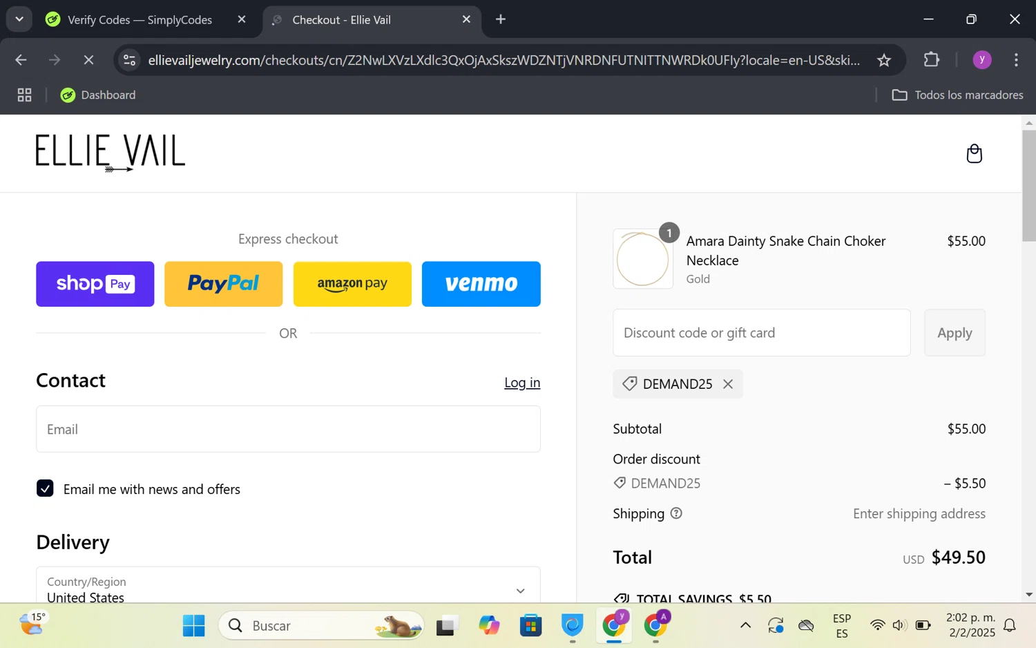 Ellie Vail Jewelry discount code screenshot showing code Demand25 applied at Ellie Vail Jewelry checkout page. Uploaded by SimplyCodes community member FrugalKnight6753 on Feb 2, 2025