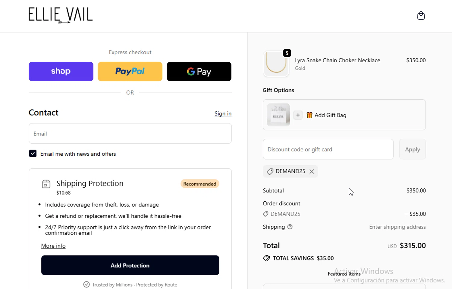 Ellie Vail Jewelry discount code screenshot showing code Demand25 applied at Ellie Vail Jewelry checkout page. Uploaded by SimplyCodes community member WonderW on Sep 24, 2025