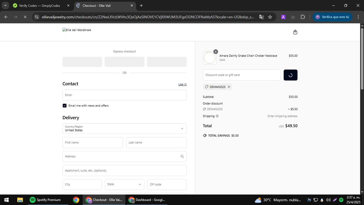 Ellie Vail Jewelry discount code screenshot showing code Demand25 applied at Ellie Vail Jewelry checkout page. Uploaded by SimplyCodes community member jesusguqnipatwo on Apr 25, 2025