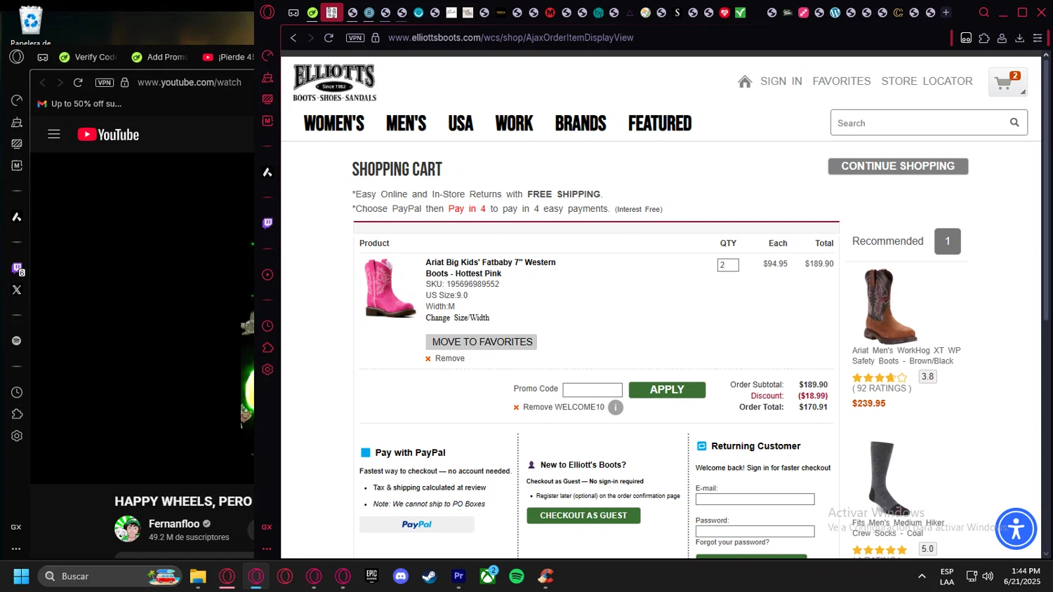 Elliott's Boots promo code screenshot showing code WELCOME10 applied at Elliott's Boots checkout page. Uploaded by SimplyCodes community member leonardocamacho2 on Jun 21, 2025