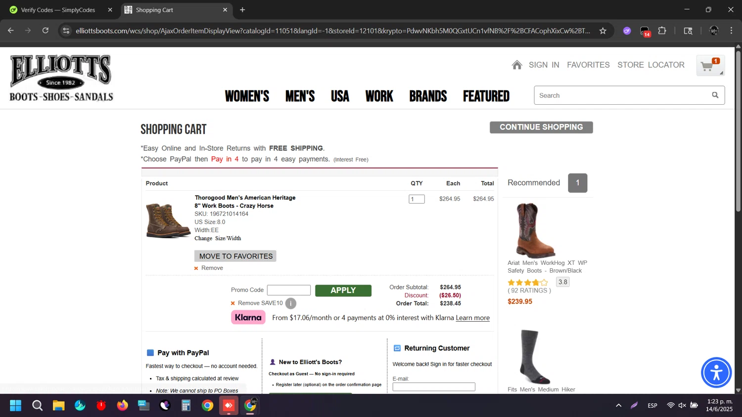 Elliott's Boots promo code screenshot showing code SAVE10 applied at Elliott's Boots checkout page. Uploaded by SimplyCodes community member ArizaJesus on Jun 14, 2025