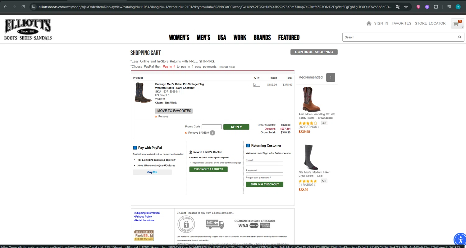 Elliott's Boots promo code screenshot showing code SAVE10 applied at Elliott's Boots checkout page. Uploaded by SimplyCodes community member ValueTiger695 on Jun 21, 2025
