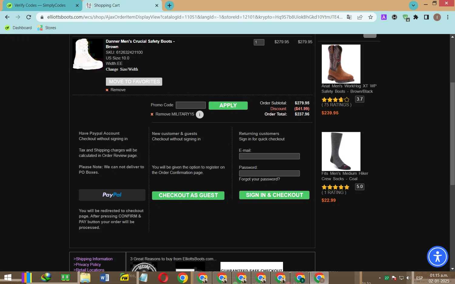 Elliott's Boots promo code screenshot showing code MILITARY15 applied at Elliott's Boots checkout page. Uploaded by SimplyCodes community member CleverOwl2485 on Jan 2, 2025