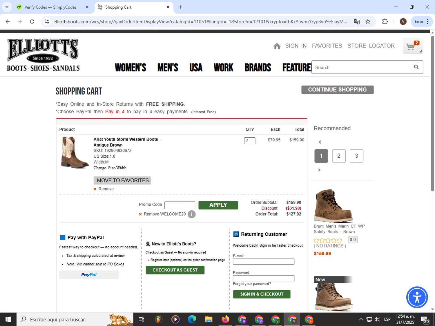 Elliott's Boots promo code screenshot showing code WELCOME20 applied at Elliott's Boots checkout page. Uploaded by SimplyCodes community member CashLion3448 on Jul 31, 2025