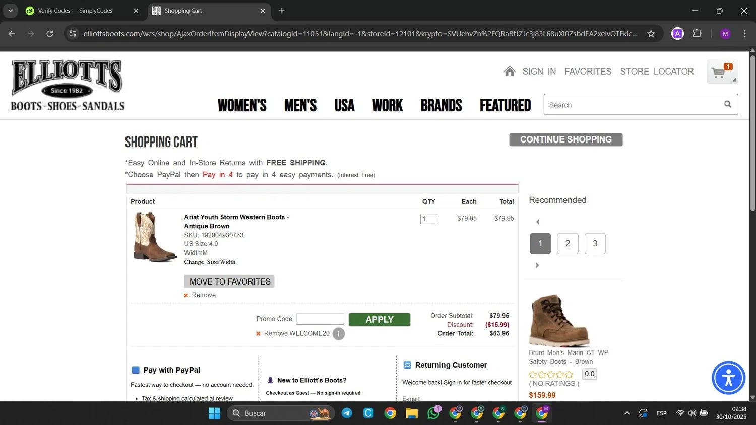Elliott's Boots promo code screenshot showing code WELCOME20 applied at Elliott's Boots checkout page. Uploaded by SimplyCodes community member jinwoo on Oct 30, 2025