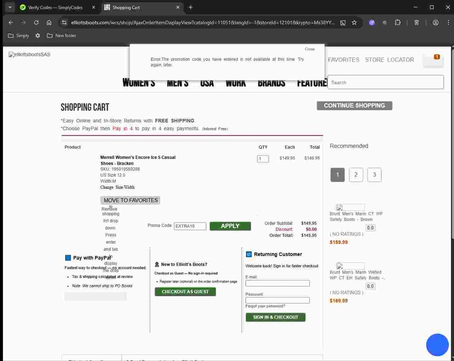 Elliott's Boots promo code screenshot showing code EXTRA10 applied at Elliott's Boots checkout page. Uploaded by SimplyCodes community member Deadpool on Nov 7, 2025
