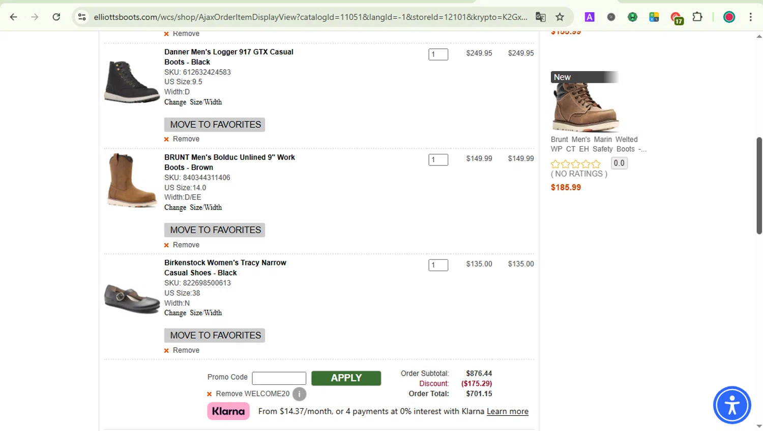 Elliott's Boots promo code screenshot showing code WELCOME20 applied at Elliott's Boots checkout page. Uploaded by SimplyCodes community member LOVECOUPON on Jul 5, 2025