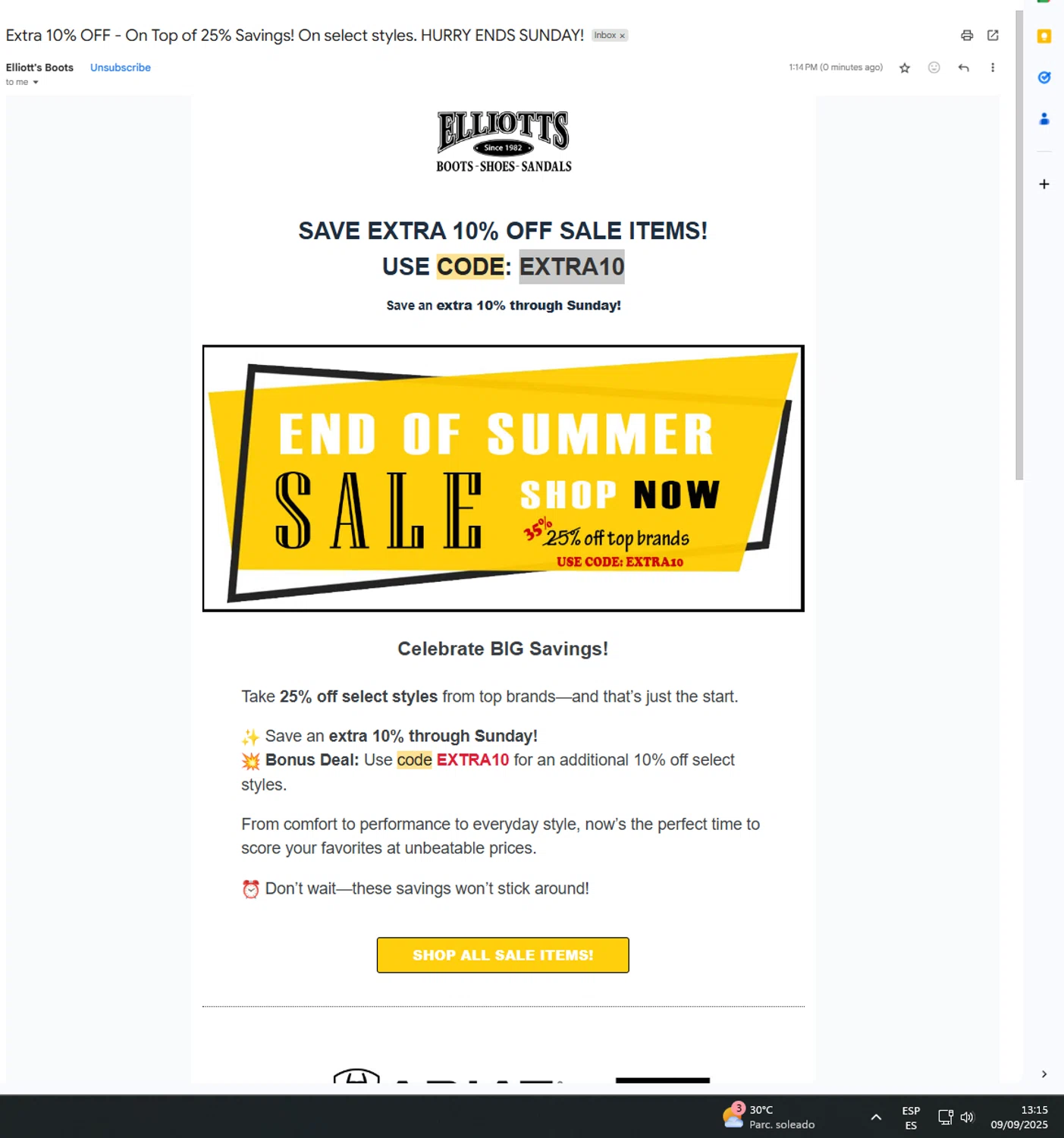 Elliott's Boots promo code screenshot showing code EXTRA10 applied at Elliott's Boots checkout page. Uploaded by SimplyCodes community member UnkNownVnzla on Sep 9, 2025