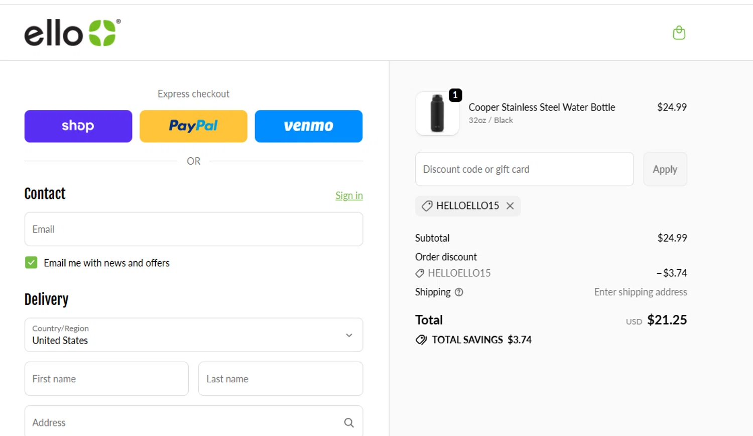 Ello discount code screenshot showing code HELLOELLO15 applied at Ello checkout page. Uploaded by SimplyCodes community member SavvyCurator5307 on Oct 3, 2025