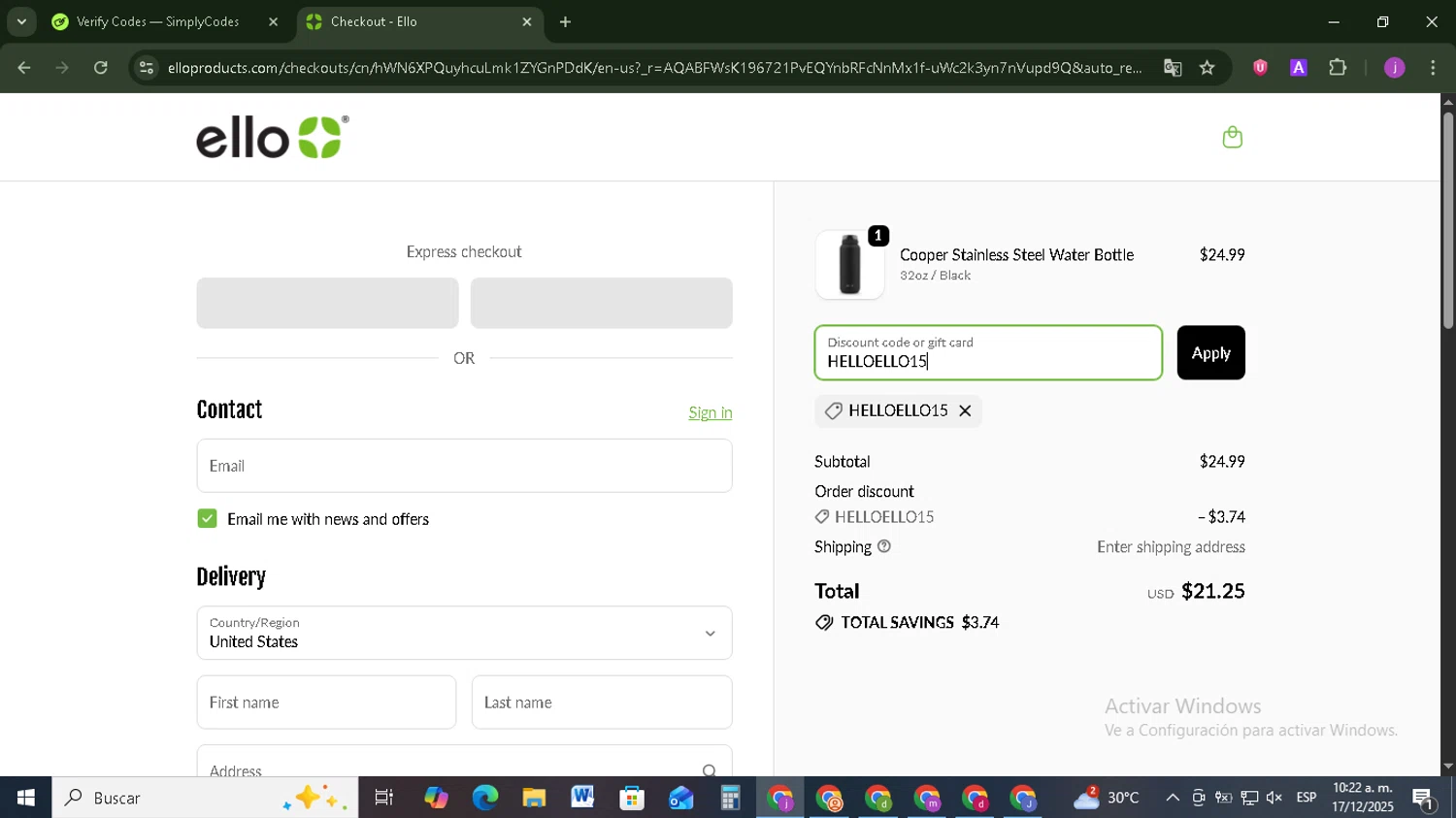 Ello discount code screenshot showing code HELLOELLO15 applied at Ello checkout page. Uploaded by SimplyCodes community member Tazbravo on Dec 17, 2025