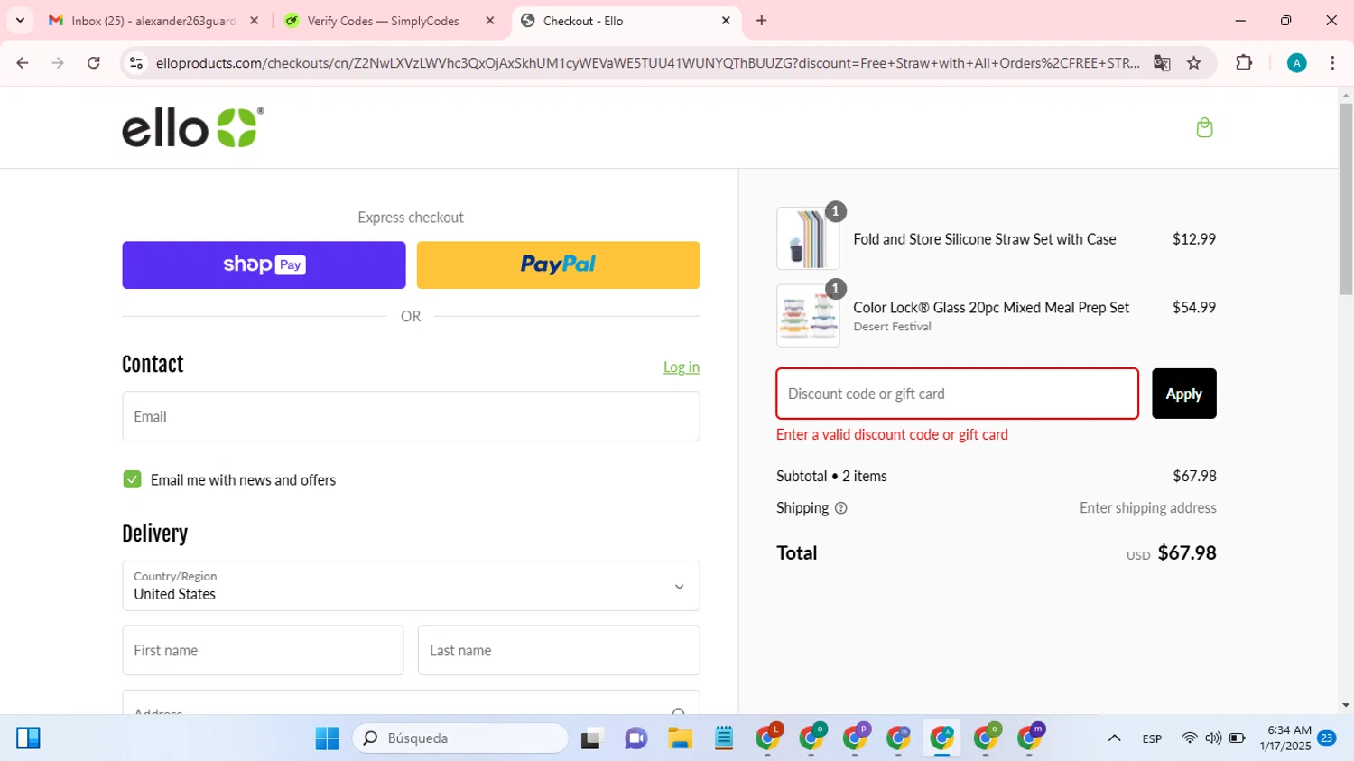 Ello discount code screenshot showing code HELLOELLO20 applied at Ello checkout page. Uploaded by SimplyCodes community member CodePioneer2274 on Jan 17, 2025