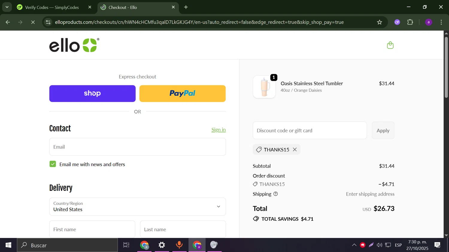 Ello discount code screenshot showing code THANKS15 applied at Ello checkout page. Uploaded by SimplyCodes community member Anderson on Oct 27, 2025