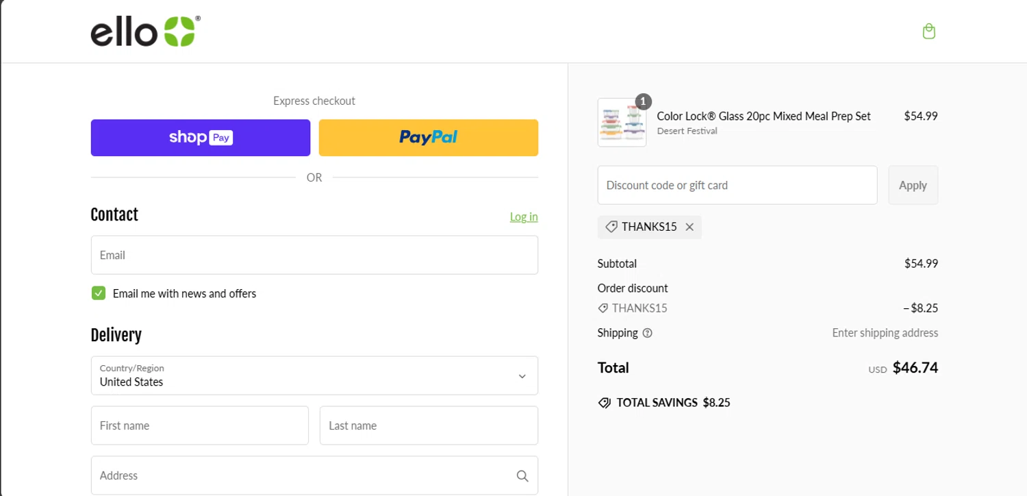 Ello discount code screenshot showing code THANKS15 applied at Ello checkout page. Uploaded by SimplyCodes community member DealFinder8915 on Feb 15, 2025
