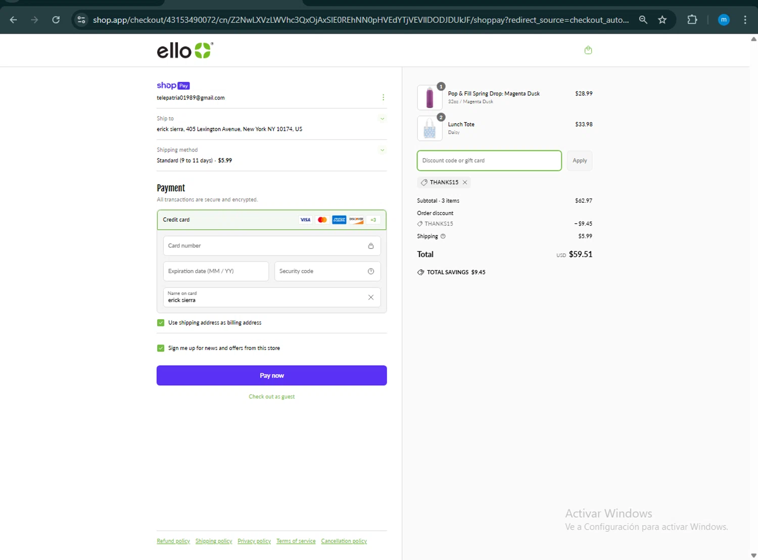 Ello discount code screenshot showing code THANKS15 applied at Ello checkout page. Uploaded by SimplyCodes community member LuckyWarden9122 on Mar 24, 2025