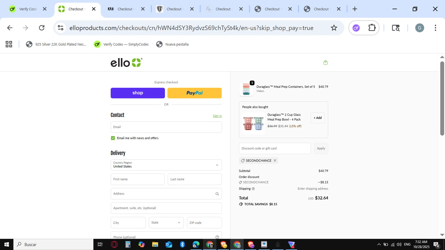 Ello discount code screenshot showing code SECONDCHANCE applied at Ello checkout page. Uploaded by SimplyCodes community member guest_623525963 on Oct 28, 2025