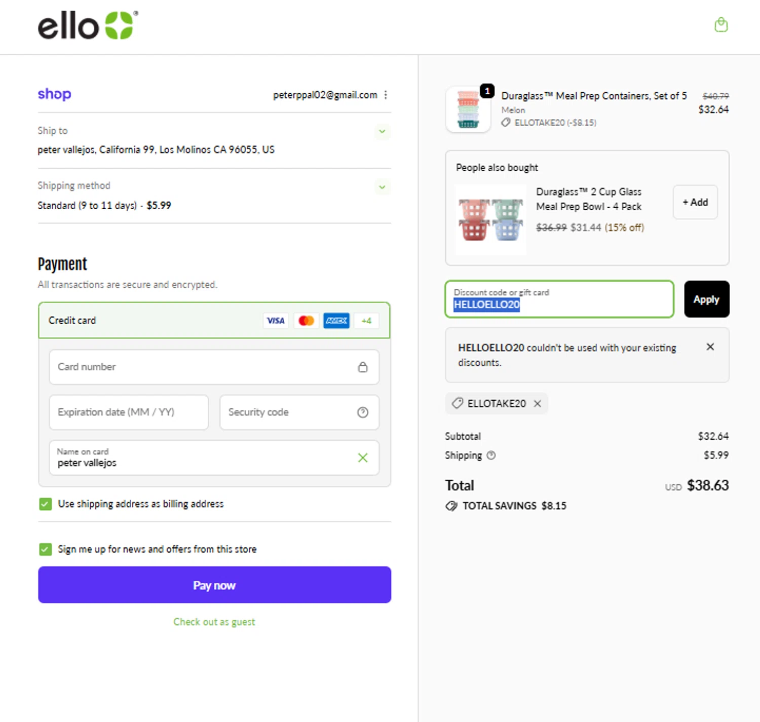 Ello discount code screenshot showing code HELLOELLO20 applied at Ello checkout page. Uploaded by SimplyCodes community member ricardoramirez1 on Oct 28, 2025